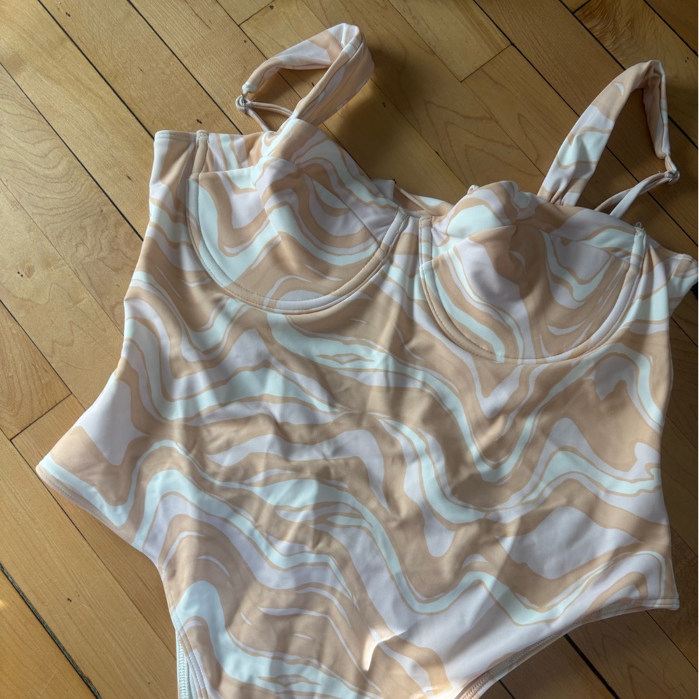 Abercrombie Orange, Pink, and White 	
Pleated Strap Underwire One-Piece Swimsuit